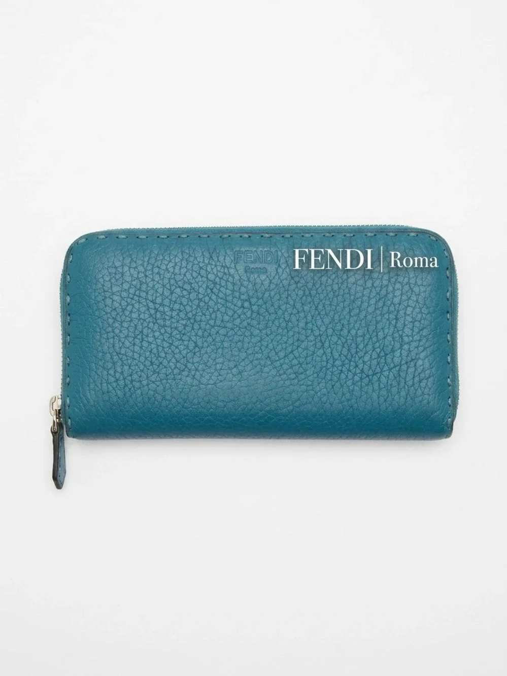 Fendi Selleria Roman Leather Large Zip around wallet. Teal/Peacock Blue